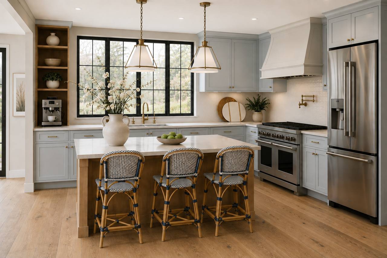 A warm, light-filled transitional kitchen designed by Milena Interiors