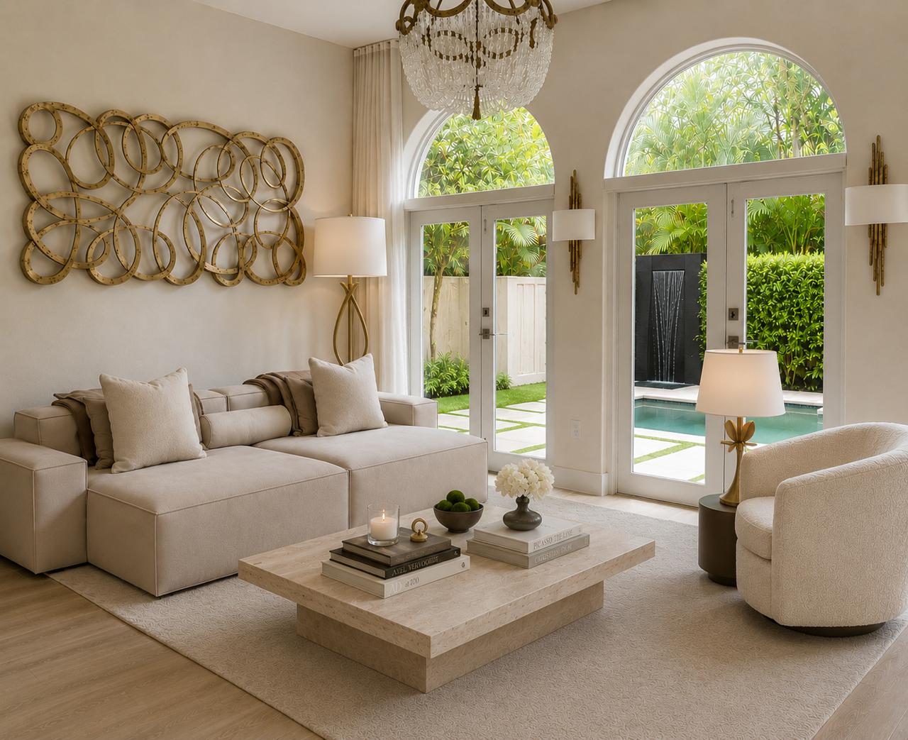 Warm neutral living room with arched French doors opening to a pool, travertine coffee table, and boucle seating