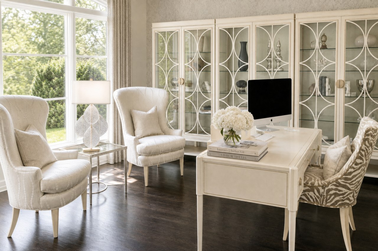 Light-filled home office with cream wing chairs, mirrored display cabinetry with brass knobs, a beaded table lamp, and a white oak desk